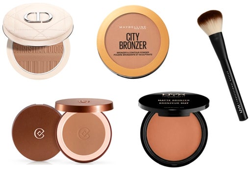 De izquierda a derecha y arriba a abajo: Polvos bronceadores Dior Forever Natural Bronze (50 €); Polvos bronceadores City Bronzer Maybelline (7,99 €); Brocha Powder Brush de NYX (15,90 €); Polvos bronceadores Terra Abbrozante de Collistar (36 €); Polvos bronceadores Matte Bronzer de NYX (8,99 €).