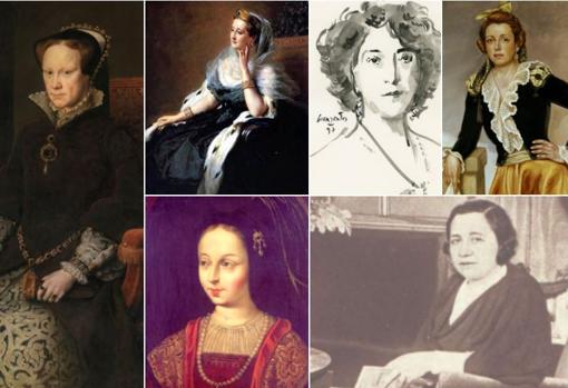 De izquierda a derecha y de arriba a abajo: María Tudor, Eugenia de Montijo, Concha Espina, Manuela Malasaña, Beatriz Galindo (La Latina), y Margarita González Lacoma