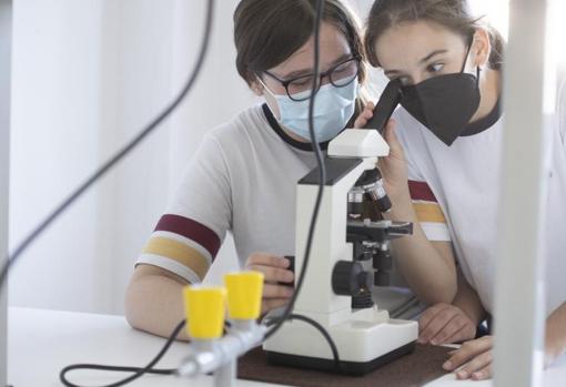 Dos estudiantes durante una clase de ciencias