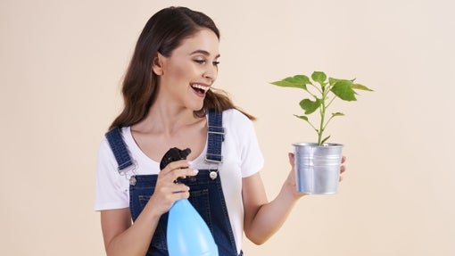 Mujer pulverizando planta