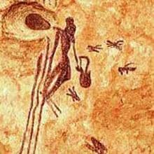 Recreación de la pintura rupestre de la cueva de la Araña, en Bicorp (Valencia) que representa a una mujer recolectando miel rodeada de abejas