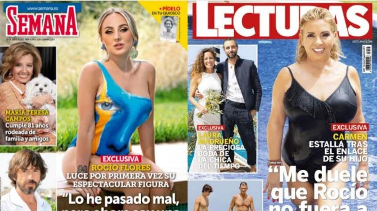 Portadas de este miércoles de las revistas 'Semana' y 'Lecturas', en las que posa Rocío Flores y Carmen Borrego en bañador