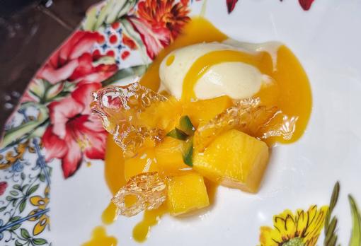 Mango del Tesorillo en sopa con helado de piña