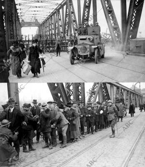 Soldados Belgas Custodiando el puente y Registrando A los Paisanos que Huyeron...