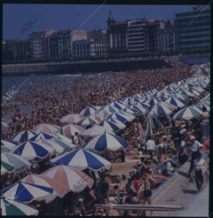 San Sebastián, 06/1971 Playa de la Concha, llena de gente