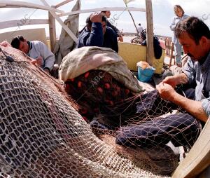 Pescadores cosiendo redes de pesca en el puerto