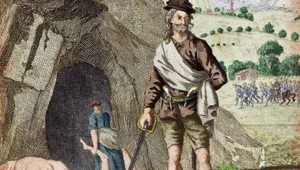 Sawney Beane a la entrada de la cueva que servía de guarida.