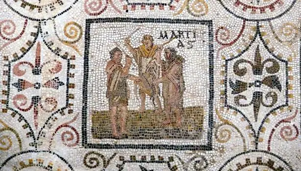 Panel que representa las fiestas Mamuralias en un mosaico de los meses, donde marzo está posicionado en el comienzo del año