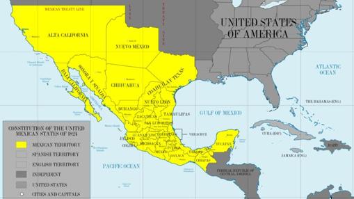 Mapa de México en 1824, con los territorios mexicanos en amarillo