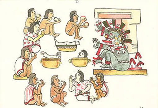 Representación de un grupo de caníbales aztecas