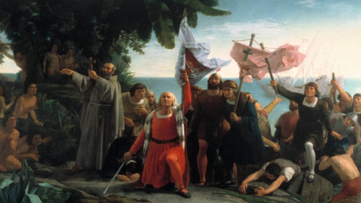 Primer desembarco de Cristóbal Colón en América (Dióscoro Puebla, 1862)