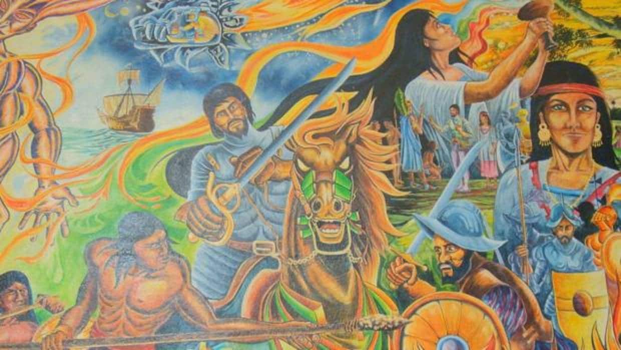 Batalla de Centla, en la que intervino por primera vez el caballo en una guerra en América. Mural en el Palacio Municipal de Paraíso, Tabasco.