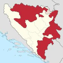 En rojo, territorio de Bosnia-Herzegovina que actualmente ocupa la República Srpska