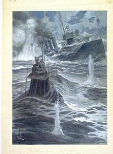 Dibujo publicado en ABC: «La guerra europea. Buque de guerra inglés torpedeado por un submarino alemán»
