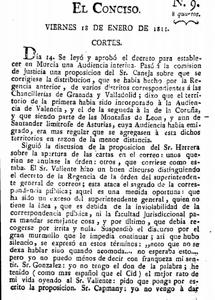 Portada de la edición del 18 de enero de 1811 de «El Conciso», en la que se ensalzaba al Empecinado