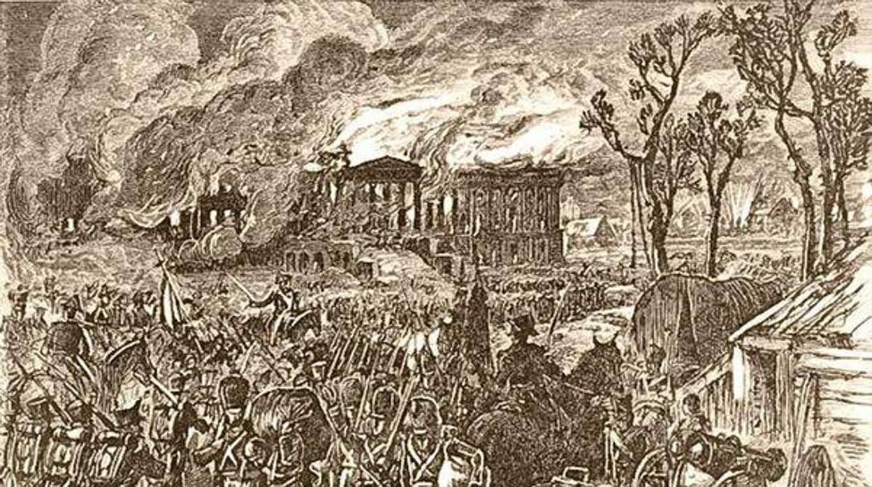 Ilustración en la que se muestra el incendio de Washington D.C.