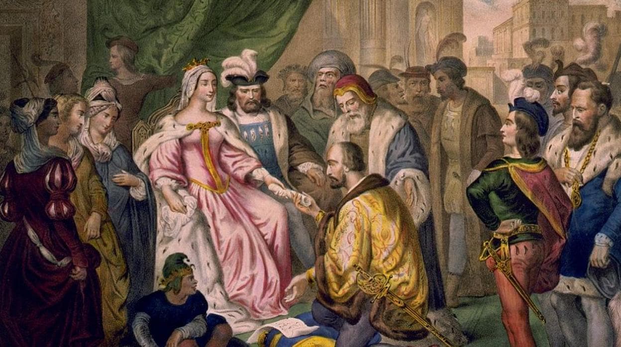 Cristóbal Colón ante los Reyes Católicos en la corte de Barcelona (V. Turgis, siglo xix).