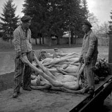 Dos prisionero entierran los cadáveres de los muertos en Dachau