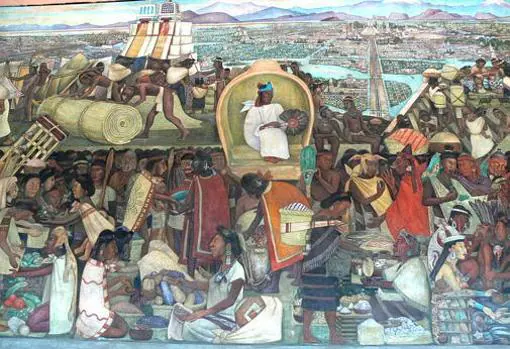 Vista de México-Tenochtitlan desde el mercado de Tlatelolco, mural de Diego Rivera.