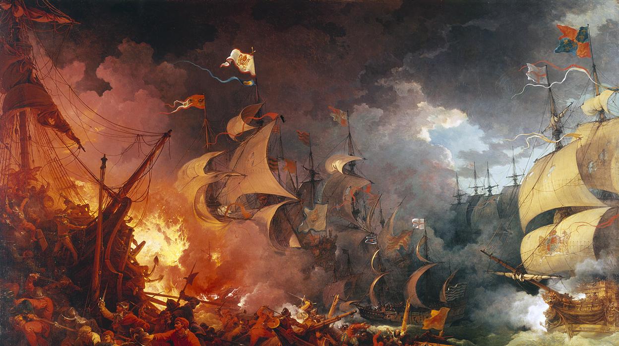 Derrota de la armada invencible, pintura de Philippe-Jacques de Loutherbourg (1796) basada en el mito de que se produjo un choque naval desfavorable a España,