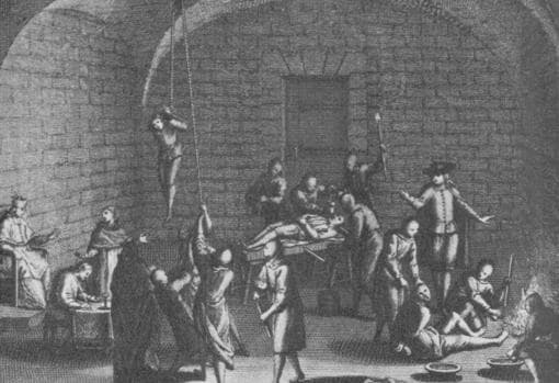 Imagen ficticia de una cámara de tortura inquisitorial. Grabado del siglo XVIII de Bernard Picart