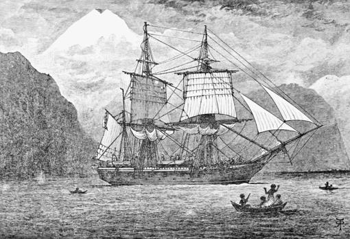 HMS Beagle en el paso por el estrecho de Magallanes con el Monte Sarmiento al fondo. Reproducción de la ilustración de R. T. Pritchett de la primera edición ilustrada del libro (1890)