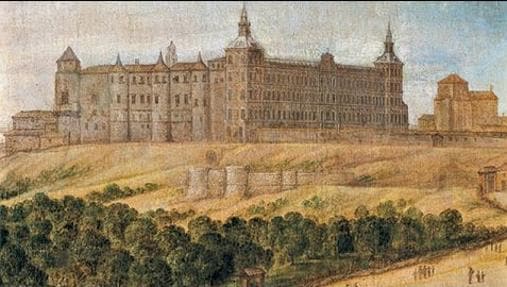 Pintura del siglo xvii del Real Alcázar de Madrid. La fachada meridional, a la derecha, presenta el aspecto que finalmente le confirió el arquitecto Juan Gómez de Mora, en las obras realizadas en 1636