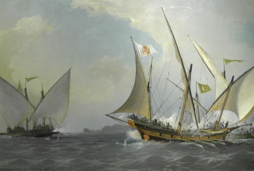 Barceló rechaza con su jabeque correo a dos galeotas argelinas en 1738, pintura de Ángel Cortellini y Sánchez (1858-1912)
