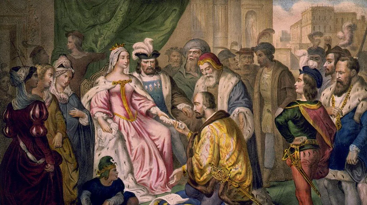 Cristóbal Colón ante los Reyes Católicos en la corte de Barcelona (V. Turgis, siglo xix).