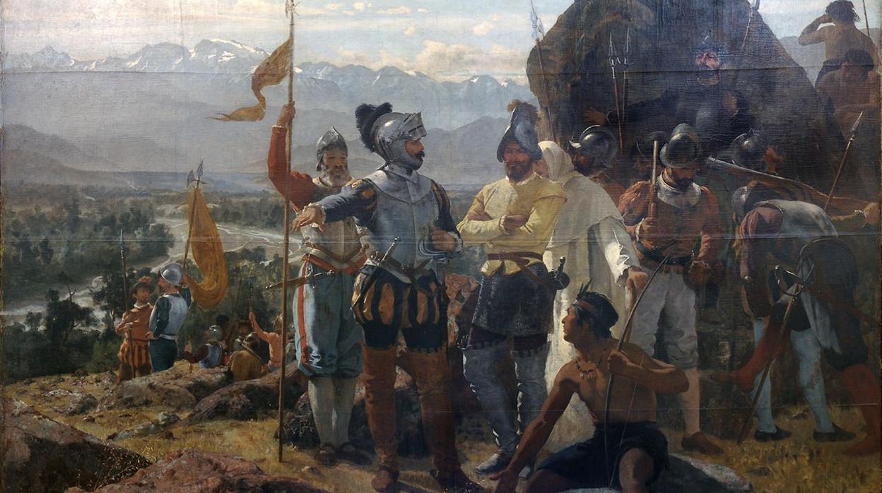 La fundación de Santiago, óleo de Pedro Lira (1858), que representa a Pedro de Valdivia en la cima del Huelén