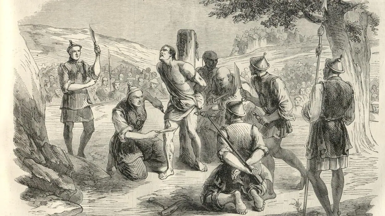 Ilustración de la tortura y ejecución de un misionero francés por la muerte por mil cortes publicada en la revista Le Monde Illustré en 1858