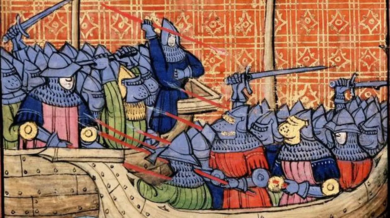 Detalle de una miniatura medieval del combate en La Rochelle.