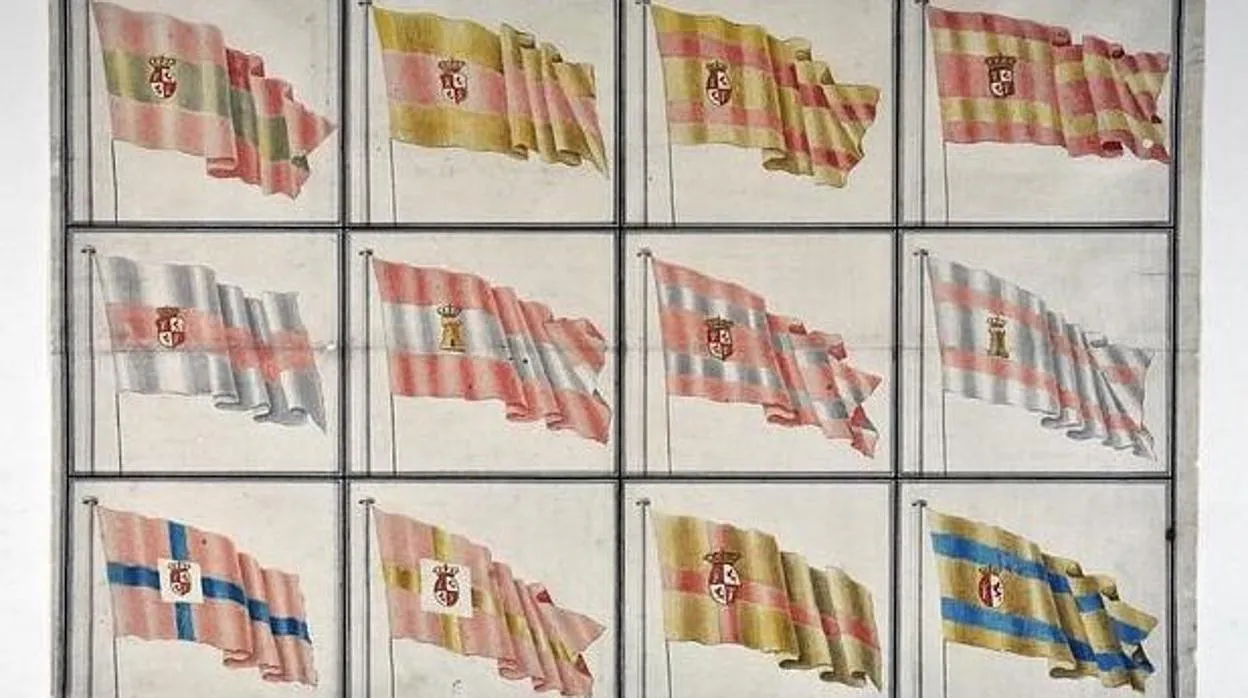 Imagen de los 12 bocetos realizados por el ministro Antonio Valdés y Fernández Bazán, que escogió la que se encuentra arriba a la izquierda para la Marina de Guerra