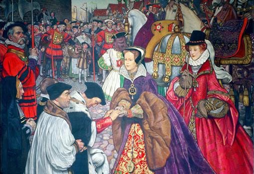 María entrando en Londres para tomar el poder en 1553, acompañada de su media hermana Isabel