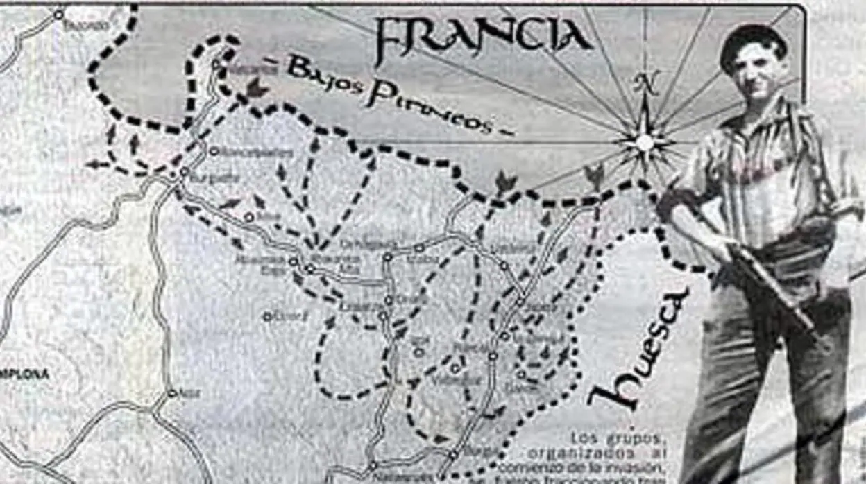 Un guerrillero de la UNE, con el mapa de la «Operación Reconquista de España» de fondo