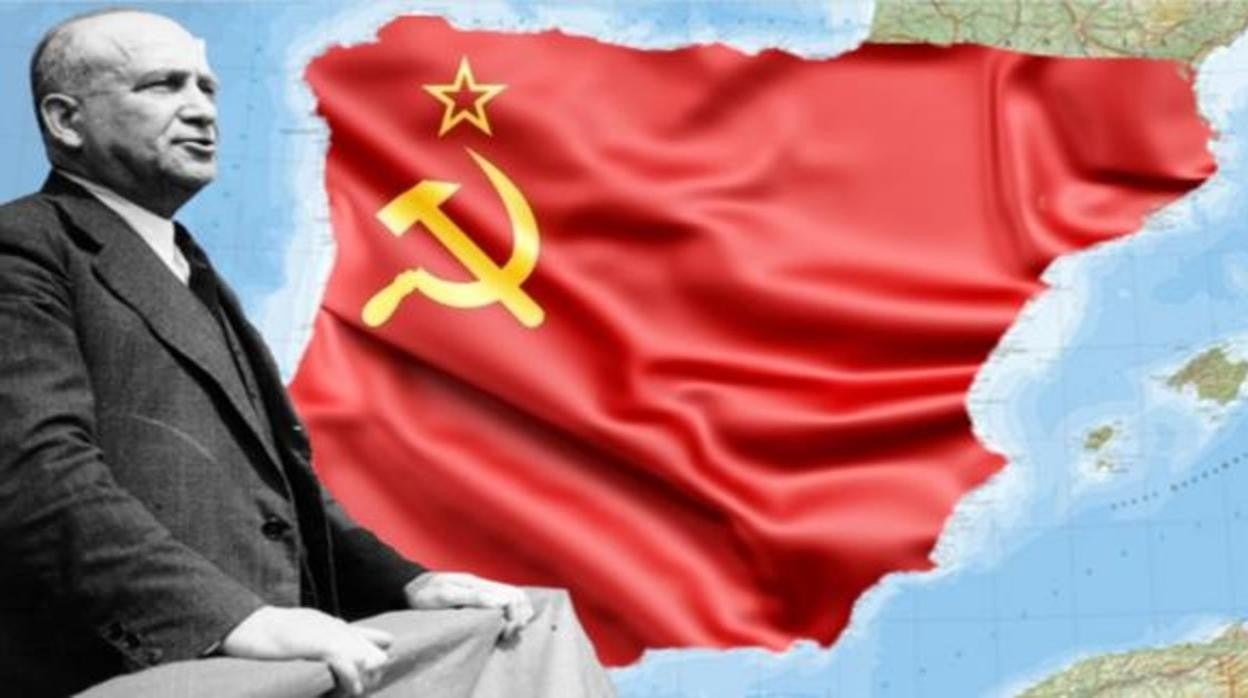 Largo Caballero, en una imagen del 6 de abril de 1936, sobre un montaje del mapa de la Penínsulo Ibérica con la bandera de la URSS