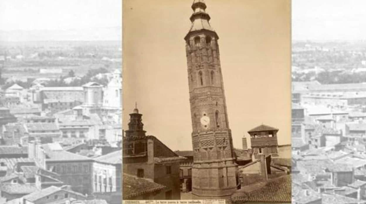 La Torre Nueva, en una imagen de 1876, sobre un plano general de Zaragoza a finales del siglo XIX