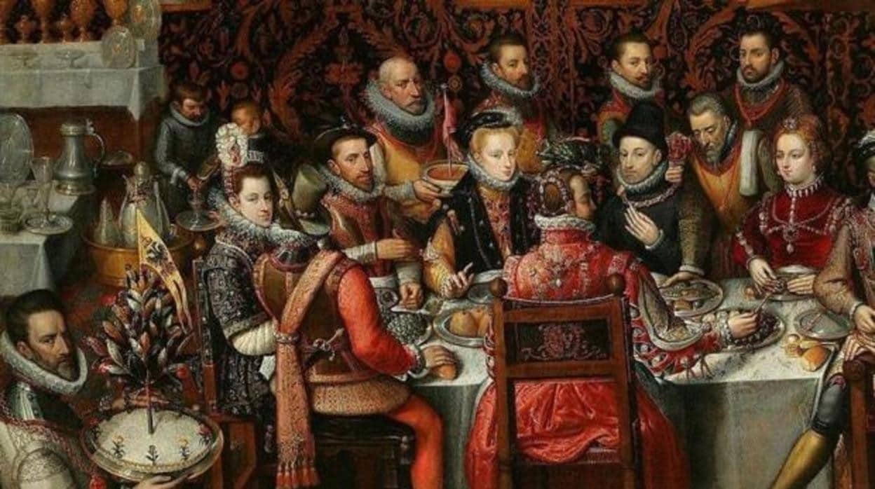 El banquete de los monarcas, en que aparecen varios reyes del siglo XVI entre ellos Carlos I y Felipe II