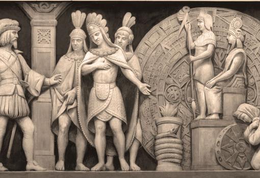 Escena del encuentro Cortés y Moctezuma.