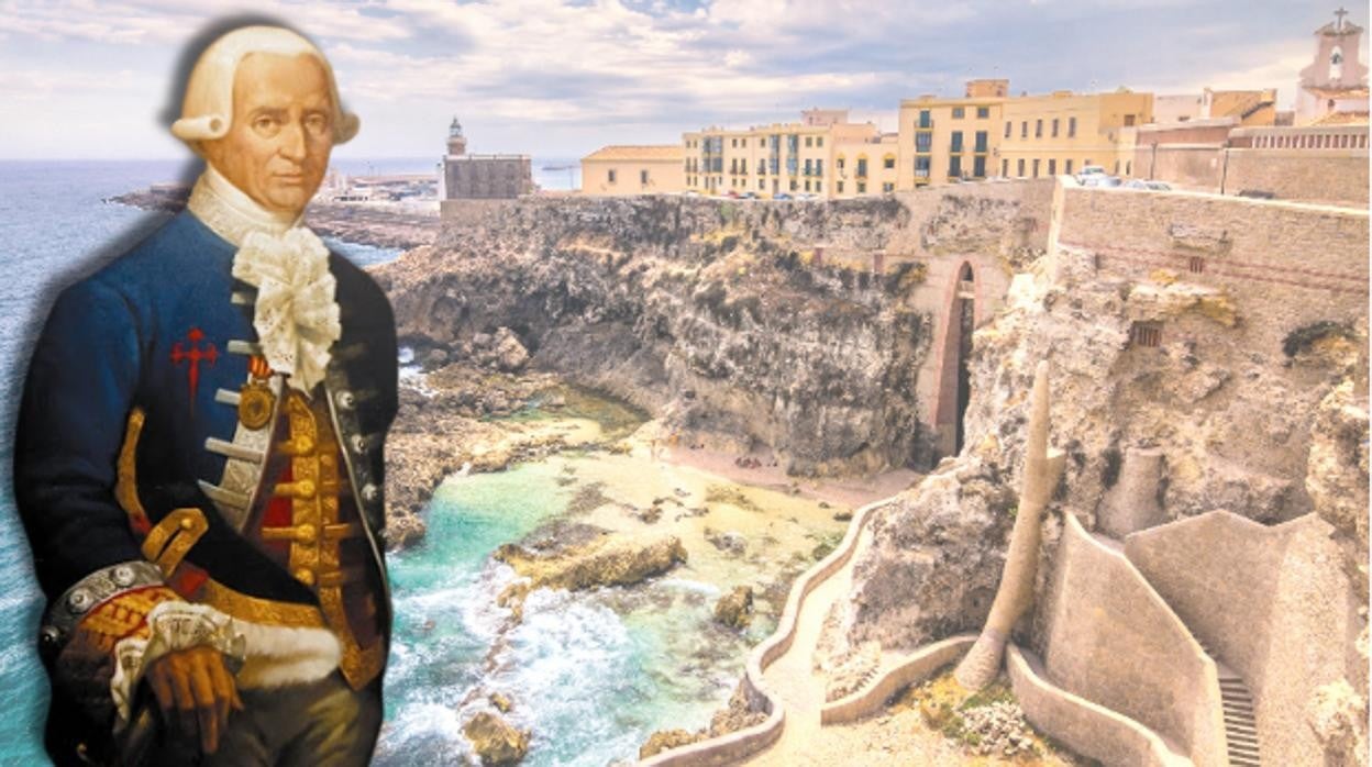 Montaje de Juan Sherlock y un mapa de Melilla de 1774, sobre una imagen actual de la ciudad