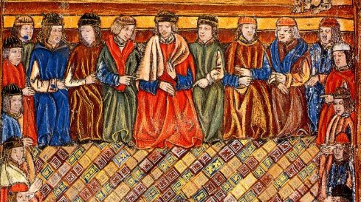 Las Cortes Catalanas según una miniatura de un incunable del siglo XV. Fernando II de Aragón en su trono enmarcado por dos escudos con el emblema del señal real.