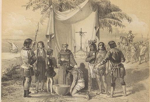 Bartolomé de Las Casas bautizando prisioneros en Cuba en 1511.