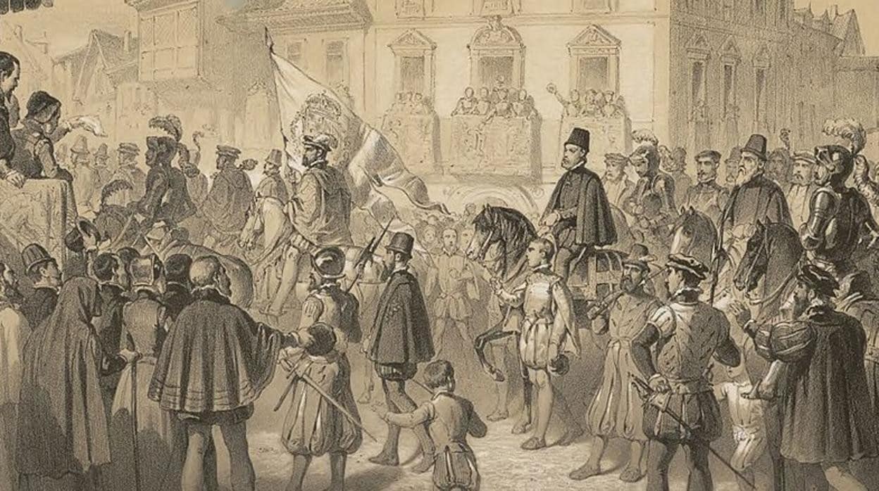 Lámina de Felipe II y su traslado de la capital de Toledo a Madrid en 1561.
