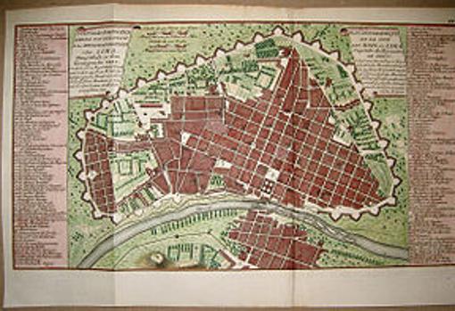 Plano de Lima en 1750, incluyendo las murallas construidas entre 1684 y 1687 por el virrey Melchor de Navarra y Rocafull.