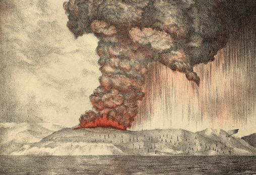 Ilustración de la erupción del volcán. c.1888.