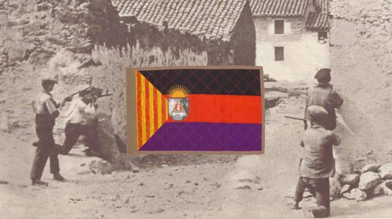 Bandera del Consejo Regional de Defensa de Aragón, sobre una imagen de los enfrentamientos en dicha región