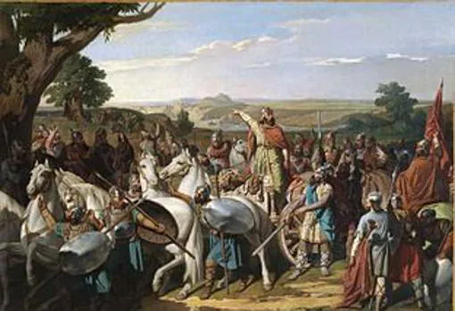 El rey Don Rodrigo arengando a sus tropas en la batalla de Guadalete, de Bernardo Blanco. 1871. (Museo del Prado, Madrid).