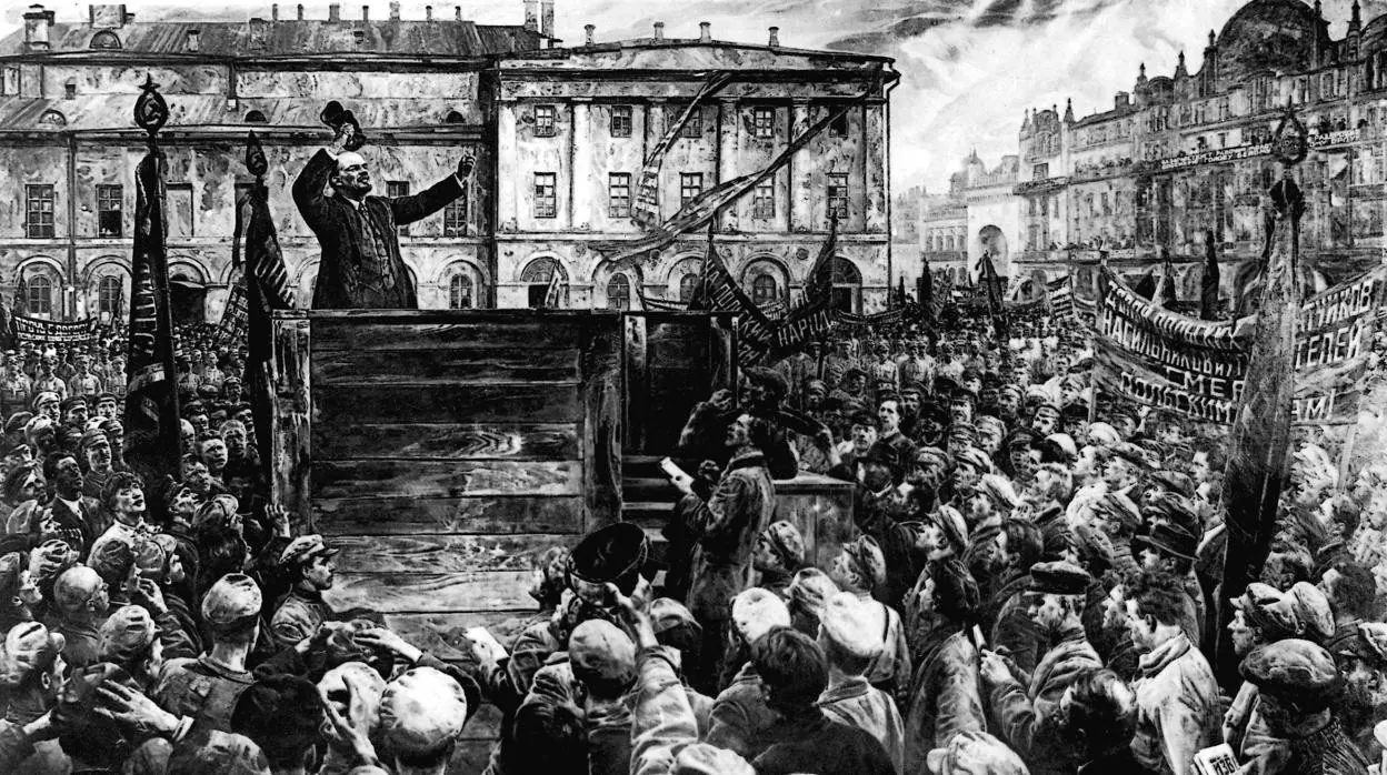 Lenin, en un dibujo de la época, se despide de las unidades que iban a partir hacia el frente polaco