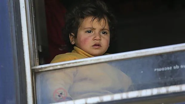 Una menor refugiada se asoma a la ventana de un vagón de tren en el campamento de refugiados de Idomeni, en la frontera entre Grecia y Macedonia