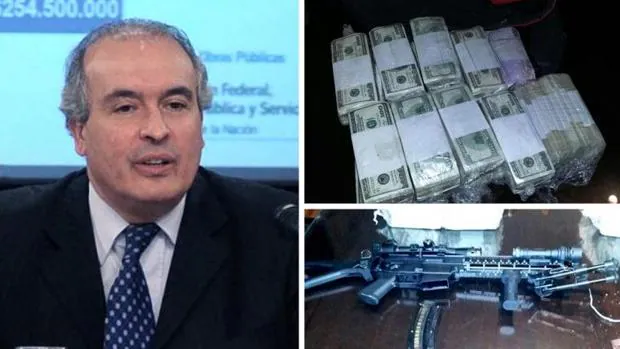 El político argentino José Fernández (izq), el dinero que pretendía enterrar y el arma que portaba (dcha)